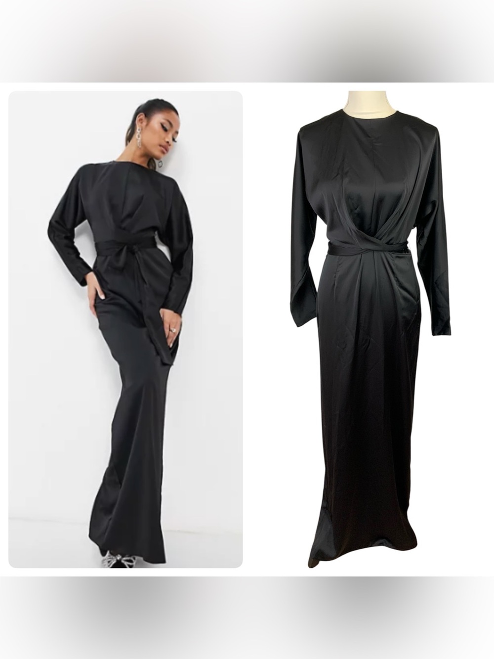ASOS Design Sz 10 Black Satin Batwing Sleeves Wrap Waist Tie Maxi Dress Gown‎